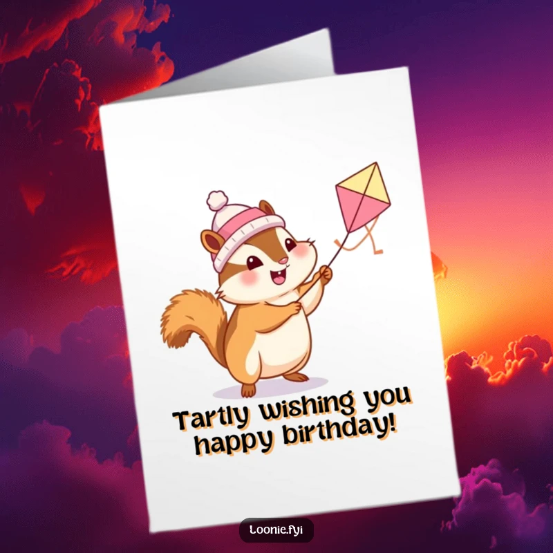 Funny Free Printable Birthday Card: A cheerful chipmunk in a toque flying a butter tart kite, bringing birthday joy.