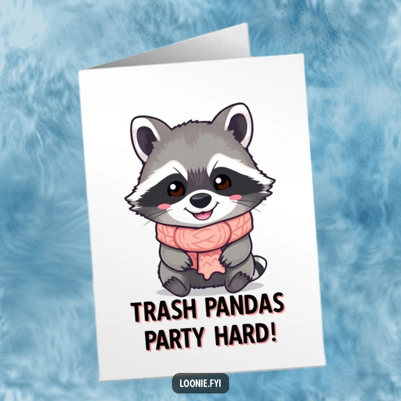 Funny Free Printable Birthday Card: Grinning raccoon in a knitted scarf, ready to celebrate with a laugh. Great downloadable gift.