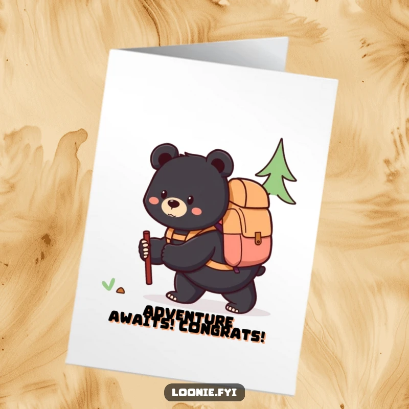 Free Printable Congratulations Card: A content black bear in a backpack pauses during exploration, symbolizing a rewarding journey.