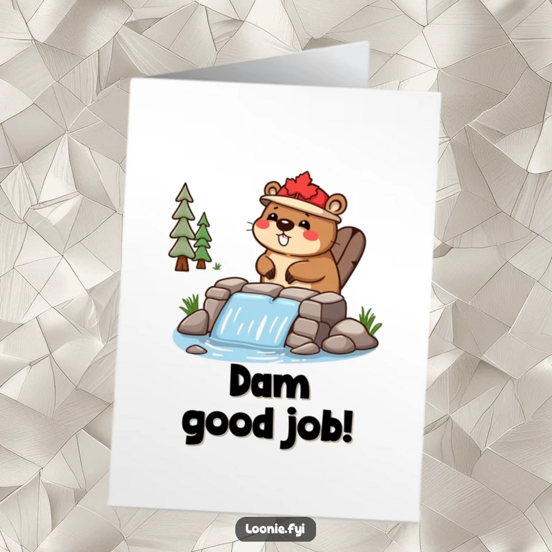 Funny Free Printable Congratulations Card: Happy beaver wearing a maple leaf hat is busy building a small dam.