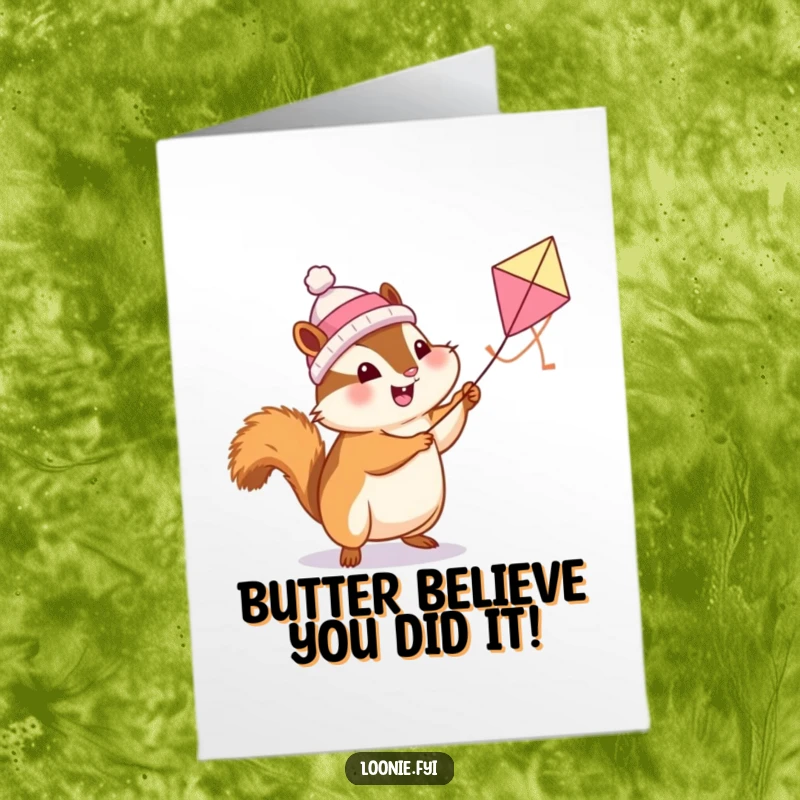 Funny Free Printable Congrats Card: A happy chipmunk flying a butter tart kite, celebrating success with sweetness.