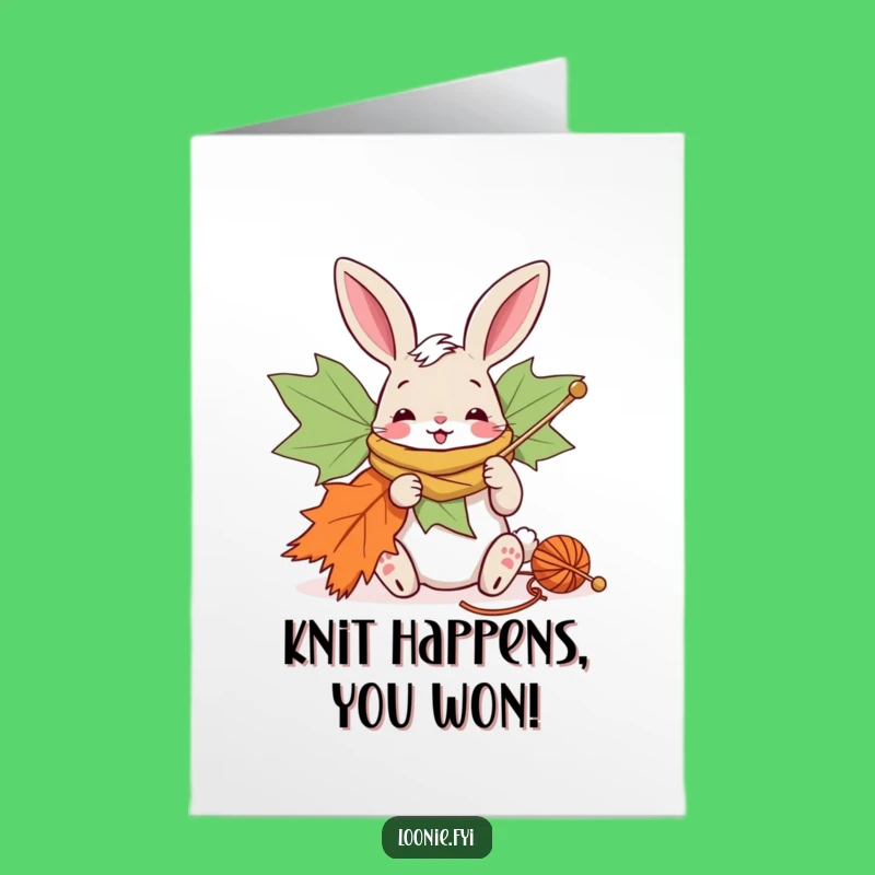 Free Printable Congrats Card: Bunny Knitting Maple Leaf - Downloadable Celebration