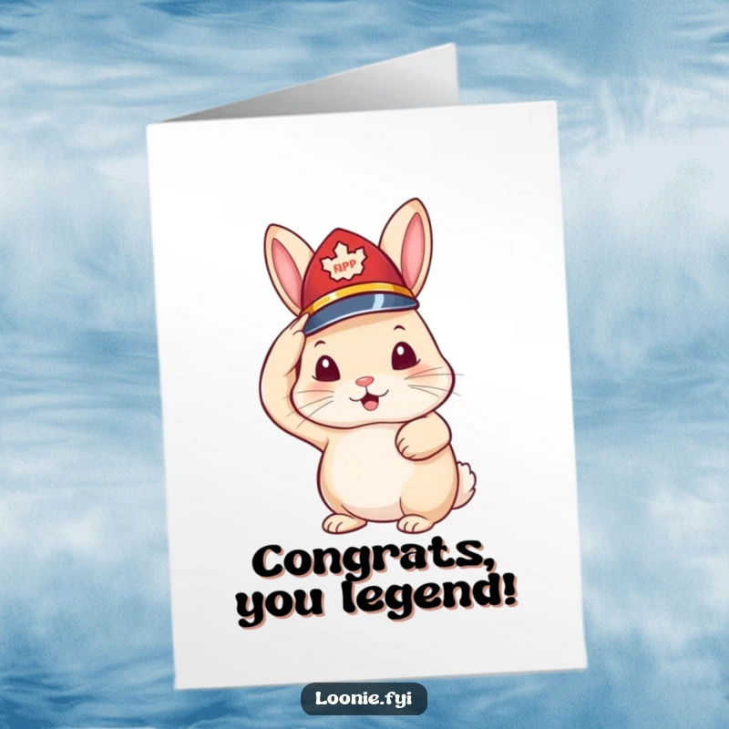 Funny Free Printable Congratulations Card: Little rabbit wearing a tiny RCMP hat and saluting, perfect for celebrations.