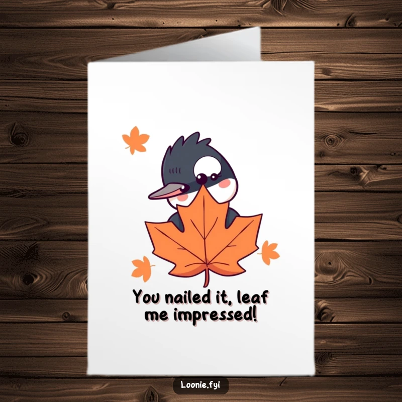 Funny Free Printable Congrats Card: A curious loon peeks out playfully from behind a stylized maple leaf, celebrating success.