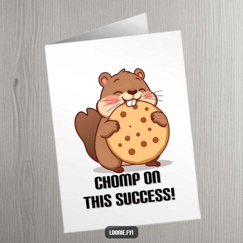 Funny Free Printable Congratulations Card: Beaver comically trying to bite a giant maple cookie, perfect for celebrations.