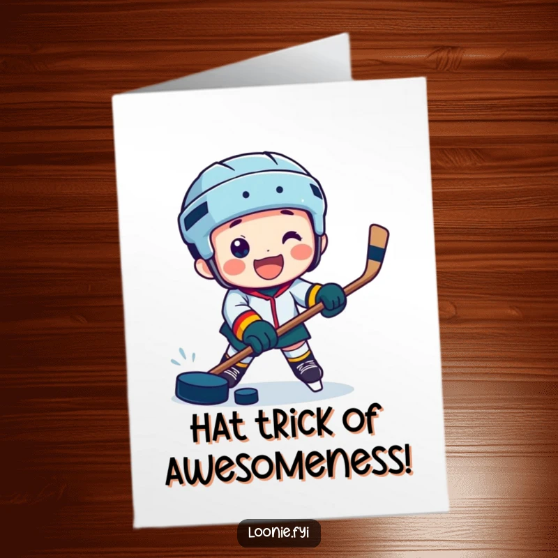 Funny Free Printable Congratulations Card features a jubilant character playing hockey with a puck, celebrating a win.