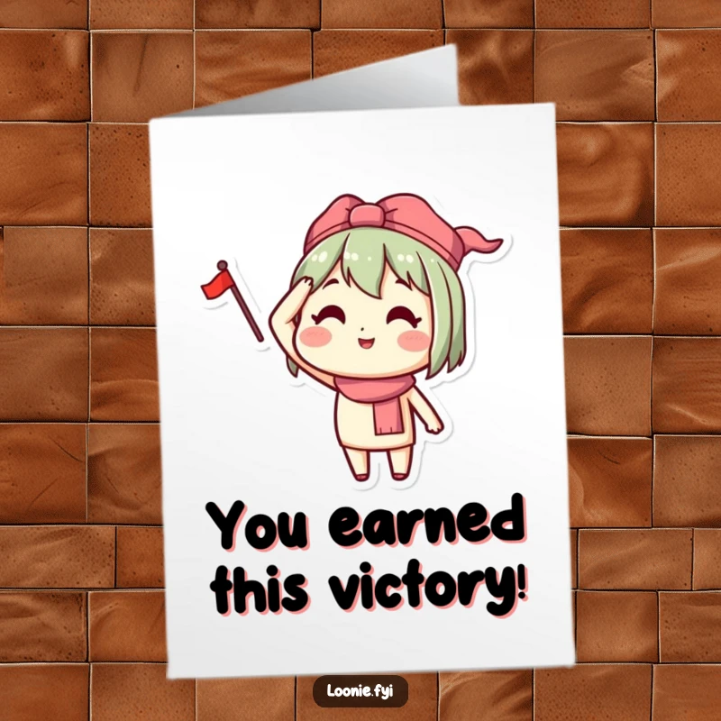 Funny Free Printable Congratulations Card: Happy character salutes with a small flag, a downloadable symbol of achievement and pride.