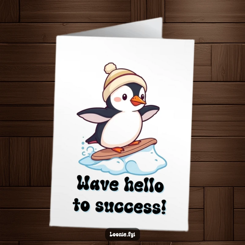 Free Printable Congrats Card: Tiny puffin in miniature toque bravely surfs a frozen wave, achieving a cool feat.