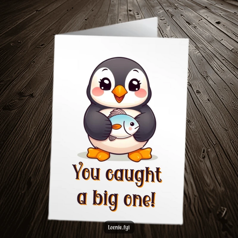Funny Free Printable Congratulations Card: Cheerful puffin with tiny fish, big smile, celebrating a major win. Great downloadable art.