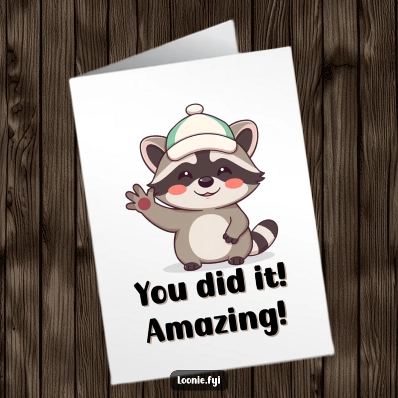 Funny Free Printable Congratulations Card: A giggling raccoon in a small hat waves a cheerful hello for any congratulatory occasion.