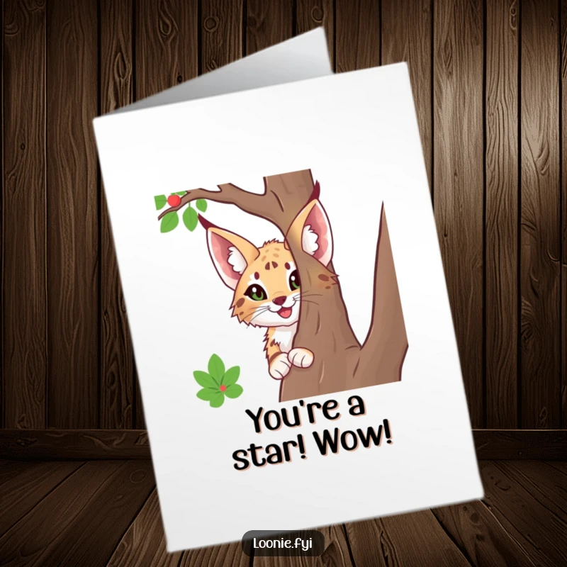 Funny Free Printable Congratulations Card: A happy lynx with prominent ears peeks from behind a tree, celebrating your achievement.