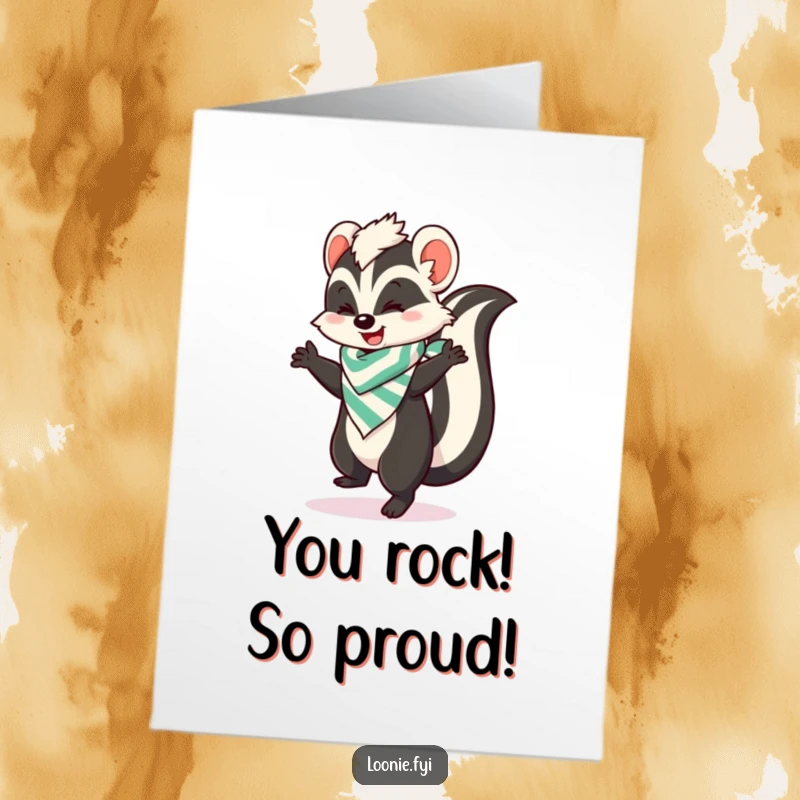 Funny Free Printable Congratulations Card: A skunk in a bandana does a joyful happy dance, celebrating your success.