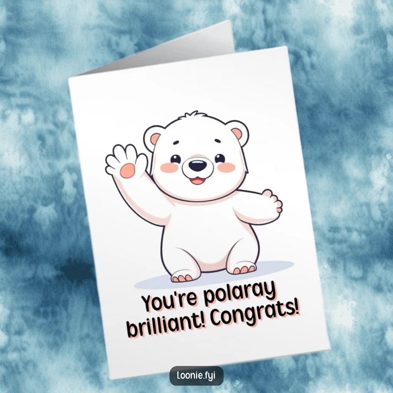 Funny Free Printable Congratulations Card: A happy polar bear cub waves a little paw, celebrating big news.