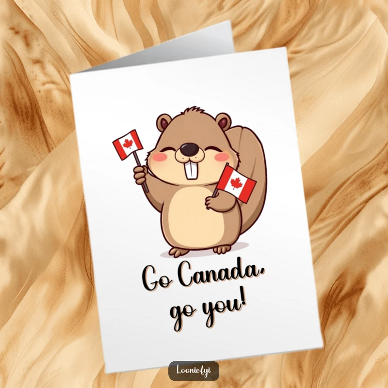 Funny Free Printable Congratulations Card: Winking beaver waving a Canadian flag enthusiastically. Great downloadable art for celebrating.