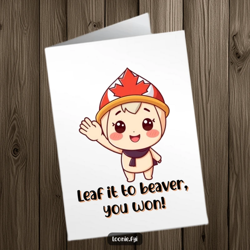 Funny Free Printable Congratulations Card showing a cheerful character wearing a maple leaf hat, offering a humorous and welcoming wave of celebration.