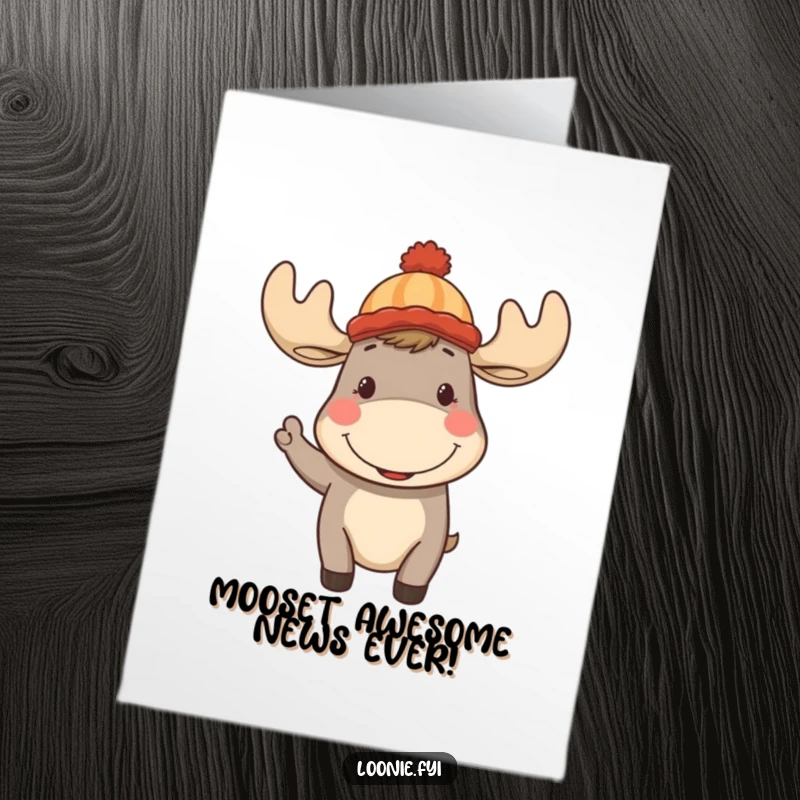 Funny Free Printable Congratulations Card: A happy moose in a toque waves, ideal for a downloadable DIY congratulatory gift.