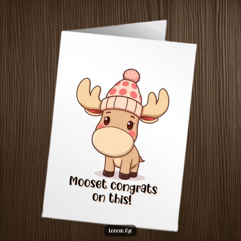 Funny Free Printable Congratulations Card: Moose in toque waving enthusiastically to celebrate a great achievement.