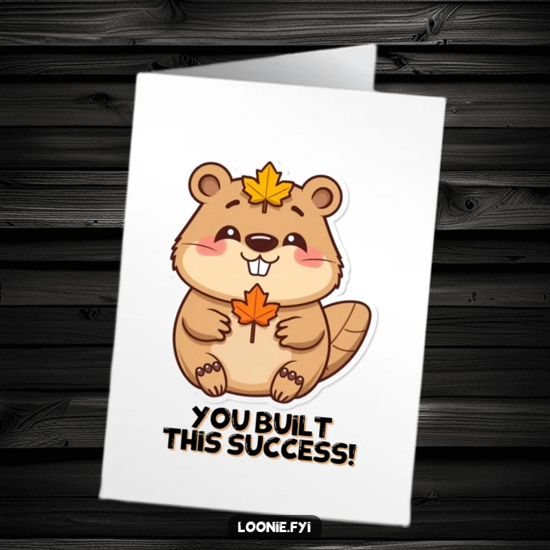 Funny Free Printable Congratulations Card: A smiling beaver wearing a maple leaf, perfect for celebrating achievements.