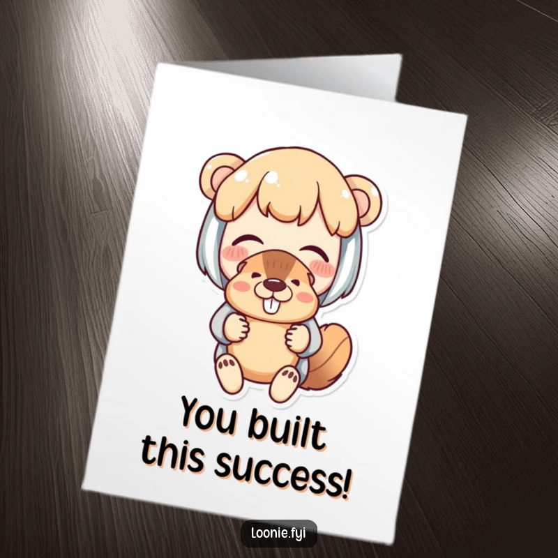 Funny Free Printable Congratulations Card features a delighted character holding a beaver puppet with fond amusement, sharing joy.
