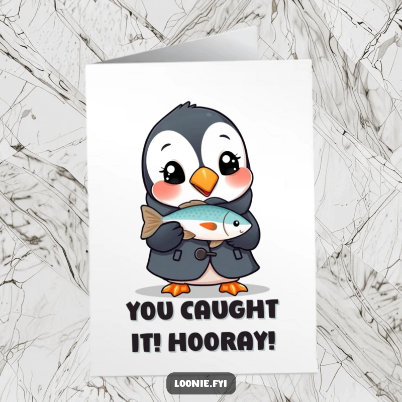 Funny Free Printable Congratulations Card: A puffin in a coat beams with delight, holding a fish as a symbol of achievement.