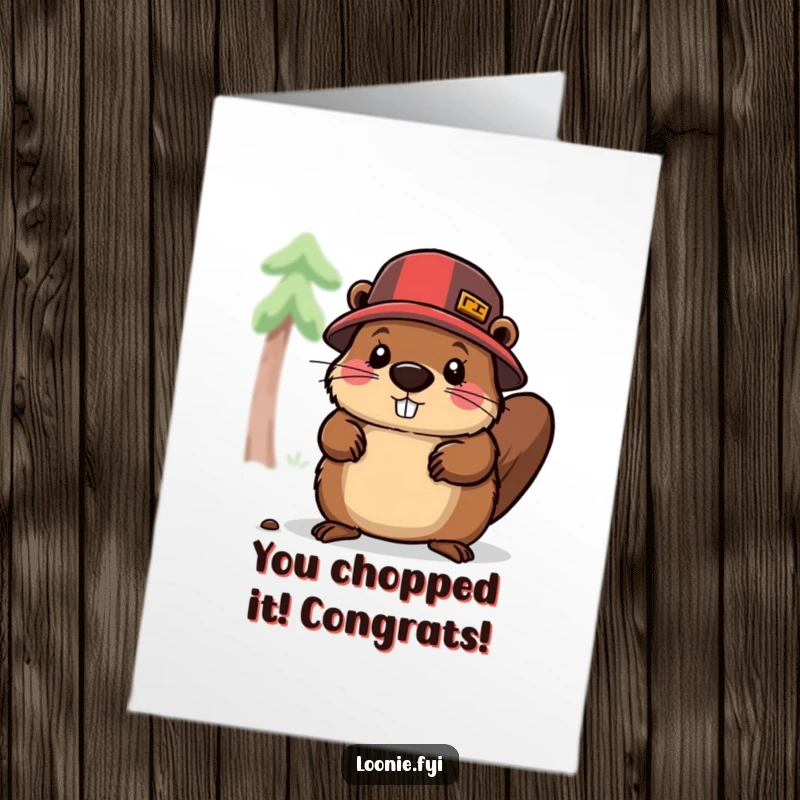 Funny Free Printable Congratulations Card: Beaver lumberjack triumphantly chopping, symbolizing overcoming challenges.
