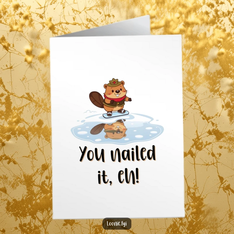 Funny Free Printable Congratulations Card: A determined beaver dressed as a Mountie skating on maple syrup.