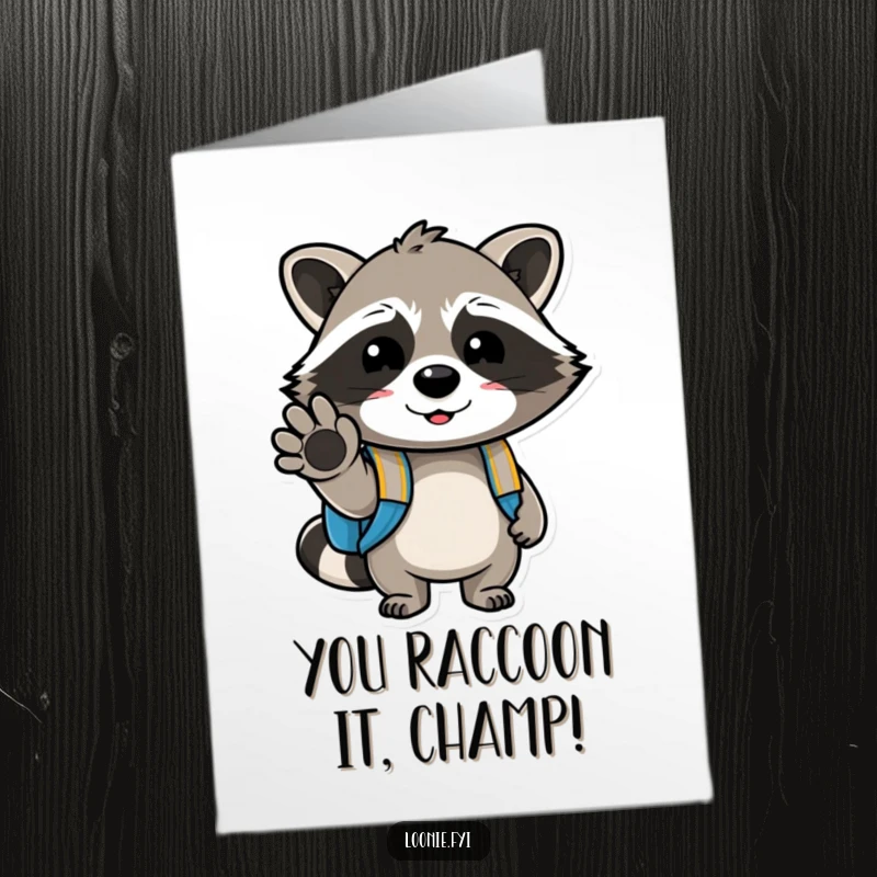 Funny Free Printable Congratulations Card: Cheerful raccoon with backpack winks, celebrating your awesome achievement with a playful spirit.