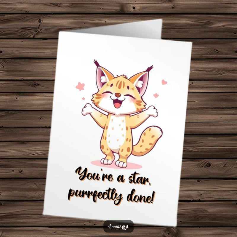 Funny Free Printable Congrats Card: A happy lynx is caught mid-dance, performing a lively jig with pure joy and excitement.
