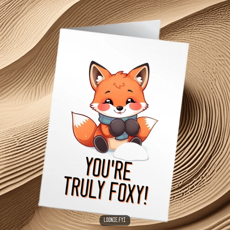 Funny Free Printable Fox Congratulations Card: A smiling red fox wearing mittens, playing happily in the snow, ideal for any success.