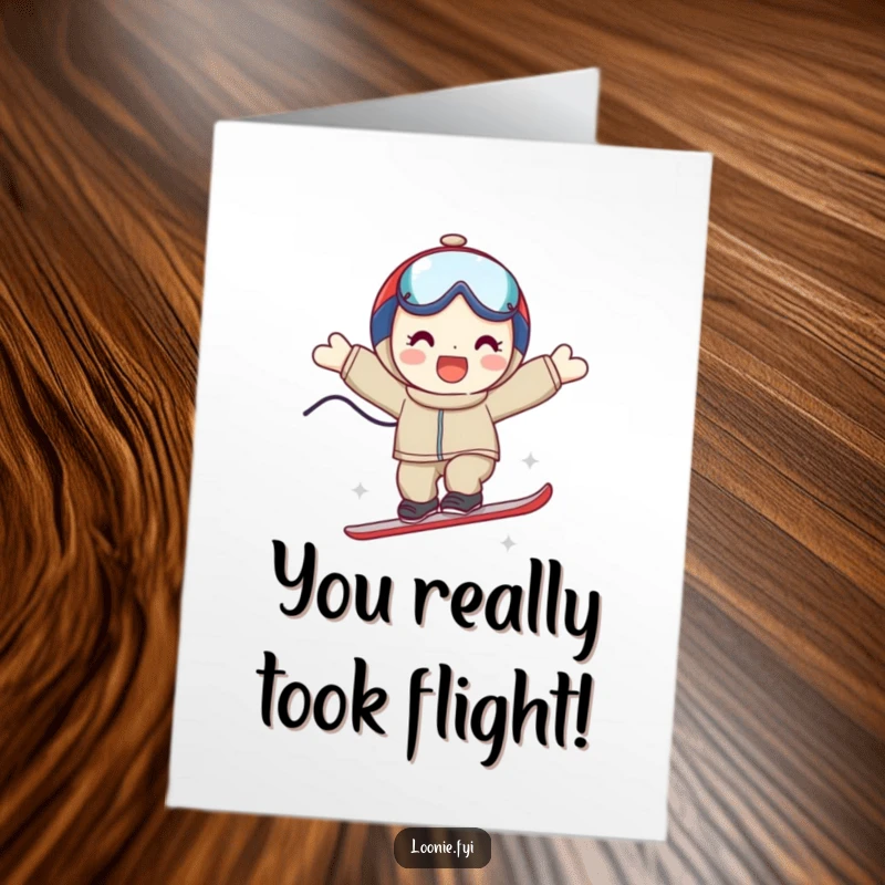 Funny Free Printable Congratulations Card: Playful character smiles, achieving a triumphant ski jump, a downloadable symbol of victory.