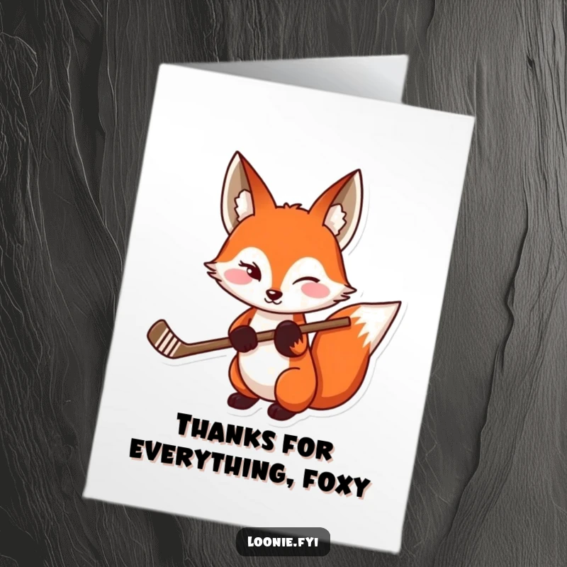 Funny Free Printable Thank You Card: A red fox holding a hockey stick gives a knowing wink of thanks.