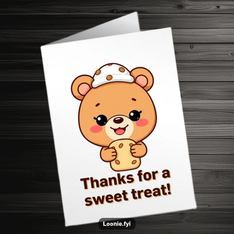 Funny Free Printable Thank You Card: Happy bear wearing a chef's hat is delighted by a cookie, sending sweet thanks your way.