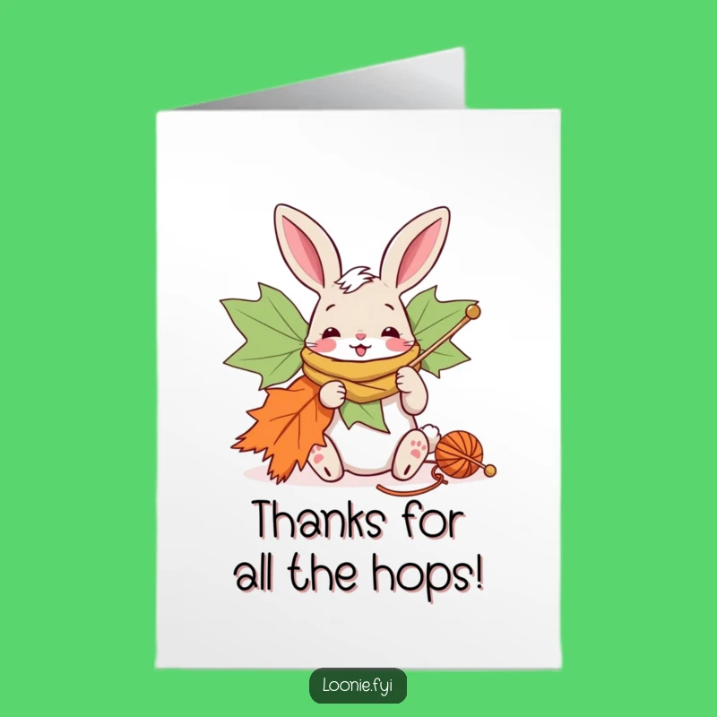 Free Printable Thank You Card: Bunny Knitting Maple Leaf - Downloadable Appreciation