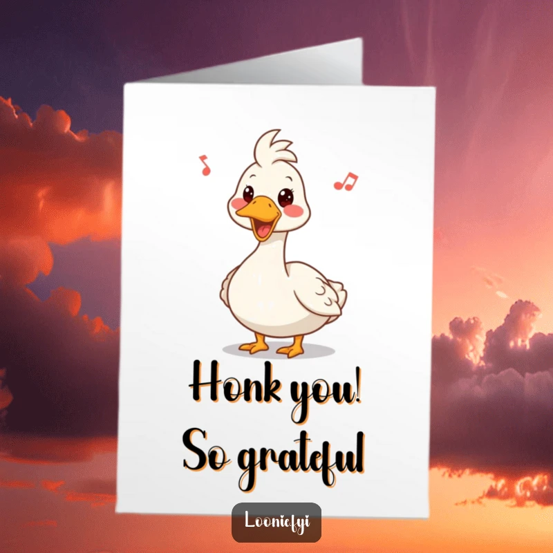 Funny Free Printable Thank You Card: A Canadian goose with a comical face honks a happy tune, conveying heartfelt thanks with a quirky twist.