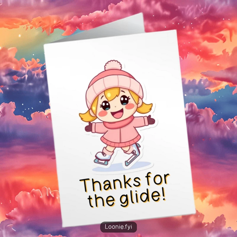 Funny Free Printable Thank You Card shows a happy character ice skating with a determined grin, sending thanks.