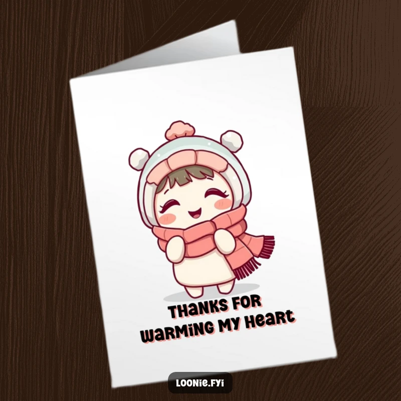 Funny Free Printable Thank You Card: Giggling character in a cozy scarf playfully shivering, a cute downloadable way to say thanks.