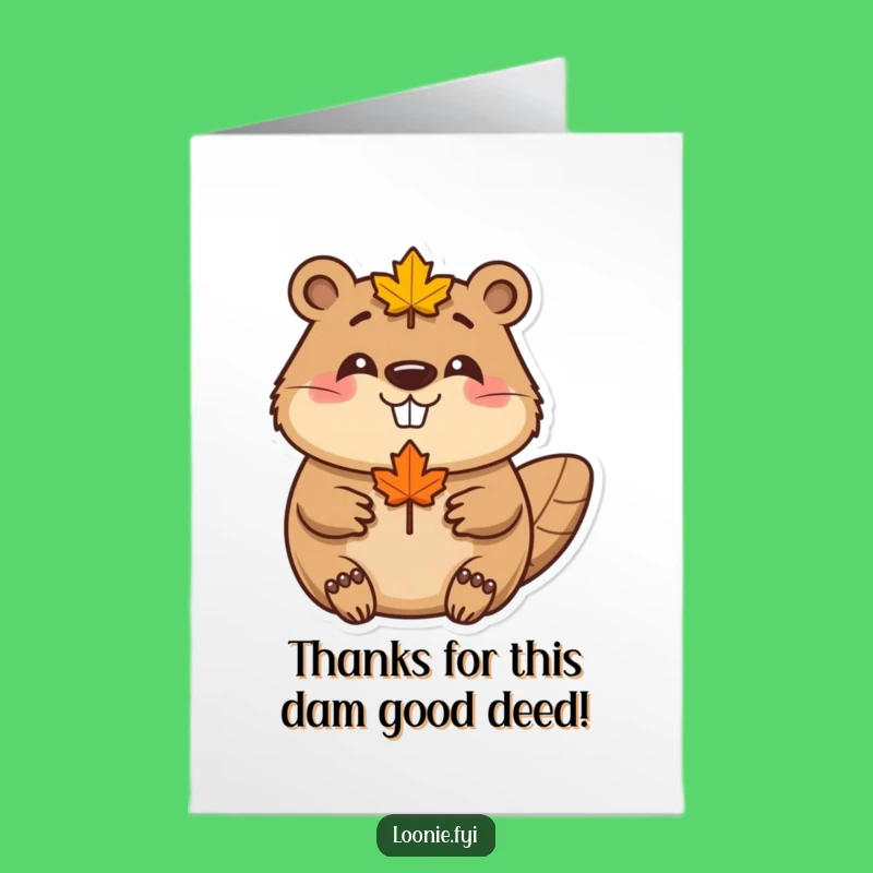 Free Printable Thank You Card: Happy Beaver Maple Leaf - Funny Downloadable Gift