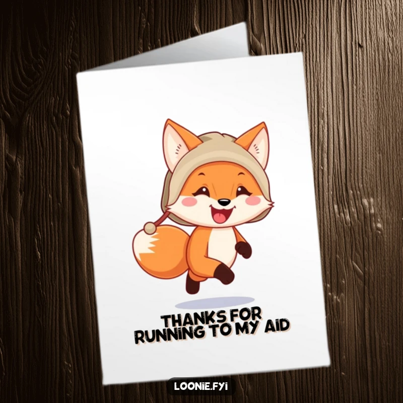 Funny Free Printable Thank You Card: A happy fox in a trapper hat running, expressing gratitude with humor, a unique downloadable.