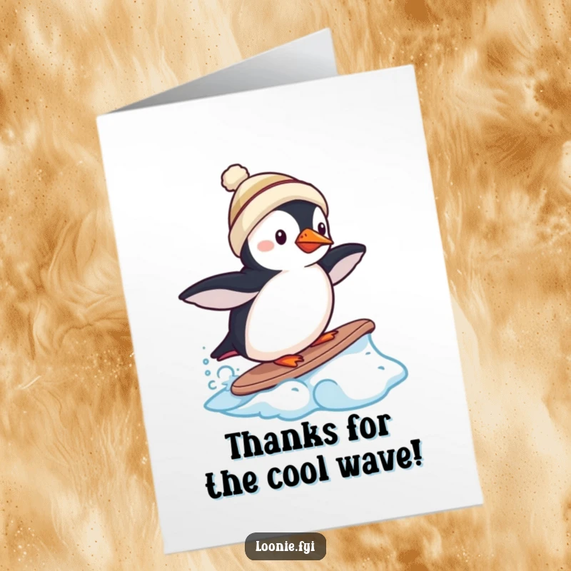 Free Printable Thank You Card: Tiny puffin in miniature toque surfs a frozen wave, a unique way to say thanks.