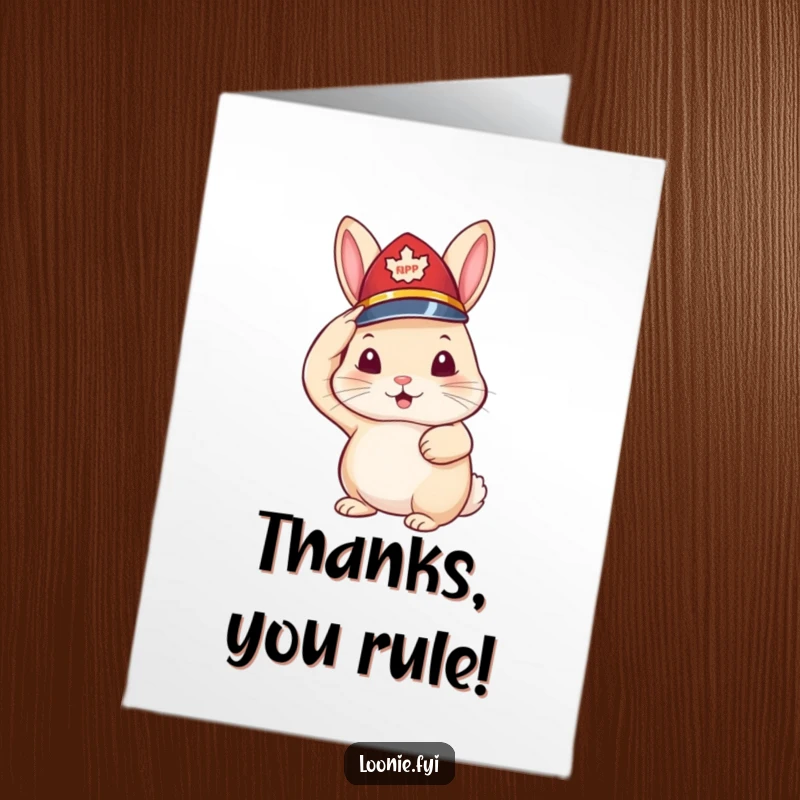 Funny Free Printable Thank You Card: Little rabbit wearing a tiny RCMP hat and saluting, a charming DIY gift.