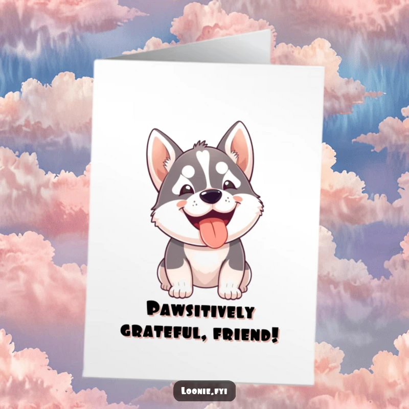 Funny Free Printable Thank You Card: Small husky dog eagerly panting with a happy grin, a delightful DIY gift.