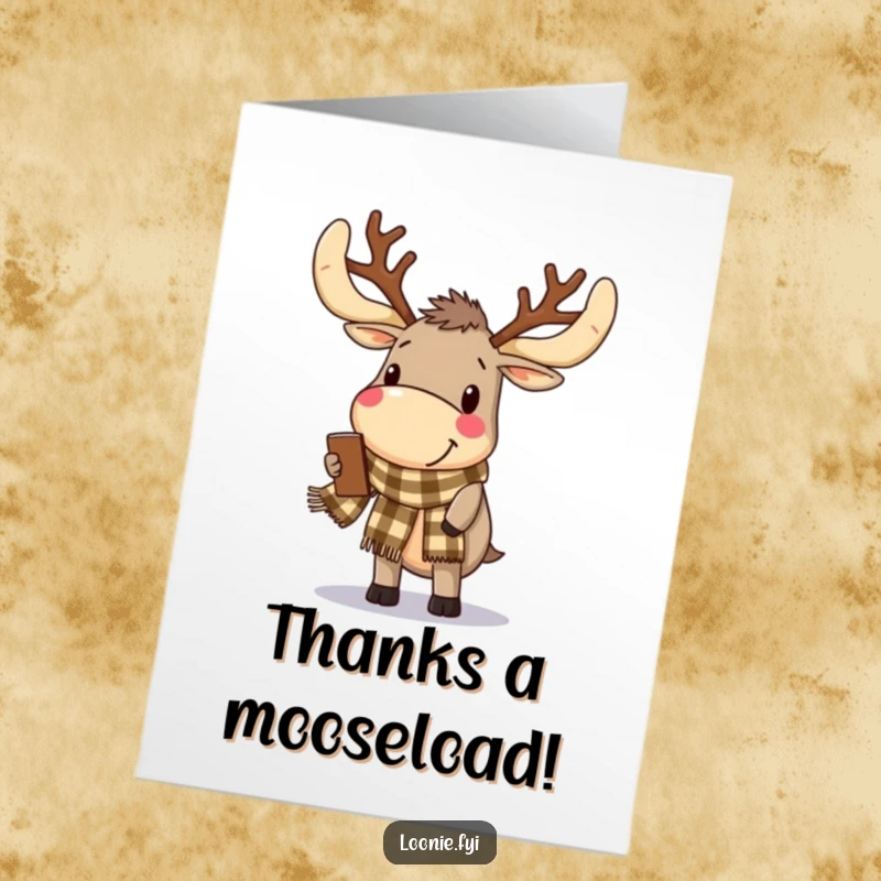 Funny Free Printable Thank You Card: Delighted moose with antlers and scarf is browsing, sending thanks.