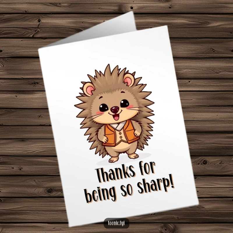 Funny Free Printable Thank You Card: Delighted porcupine in a chic vest, expressing sincere thanks with a dignified pose.