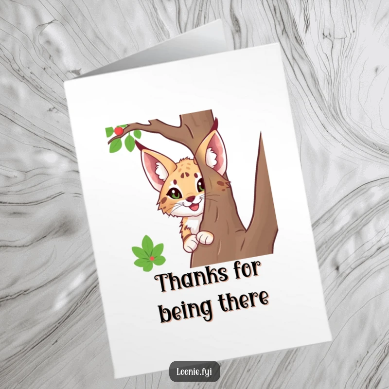 Funny Free Printable Thank You Card: A happy lynx with big ears peeks from behind a tree, offering thanks with curiosity.