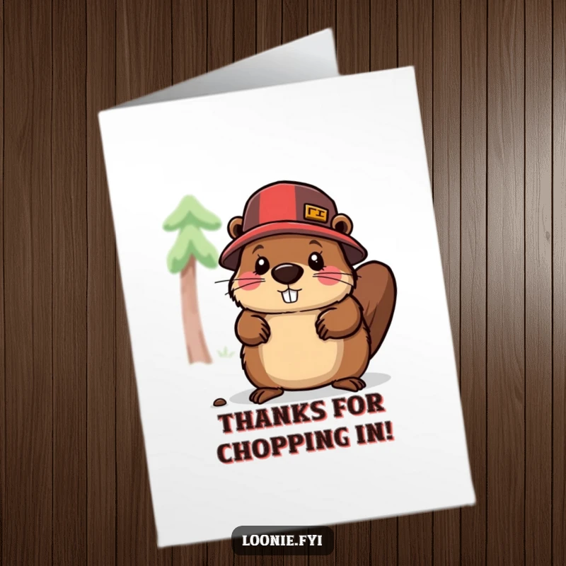 Funny Free Printable Thank You Card: Beaver lumberjack giving a thankful chop, expressing gratitude with a smile.
