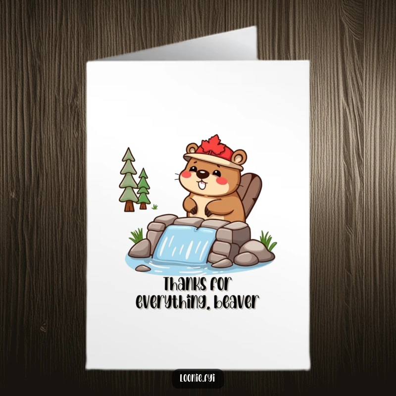 Funny Free Printable Thank You Card: Happy beaver with a maple leaf hat constructed a small dam, saying thanks.
