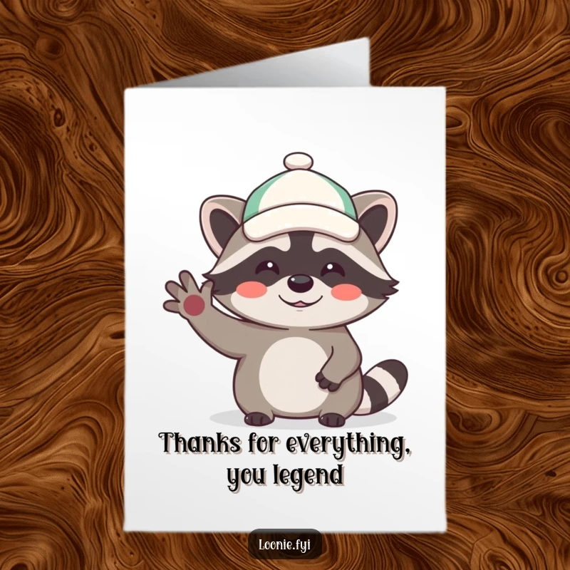 Funny Free Printable Thank You Card: A giggling raccoon in a cap waves hello, conveying thanks with a quirky charm.