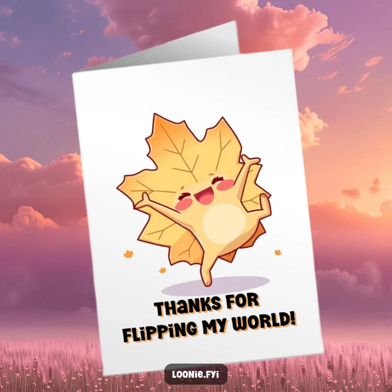 Funny Free Printable Thank You Card: A happy maple leaf character executes a perfect, cheerful somersault to express gratitude.