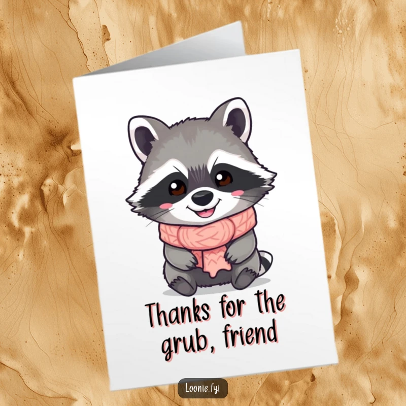 Funny Free Printable Thank You Card: Grinning raccoon in a scarf, saying thanks with a big smile. Adorable downloadable art.