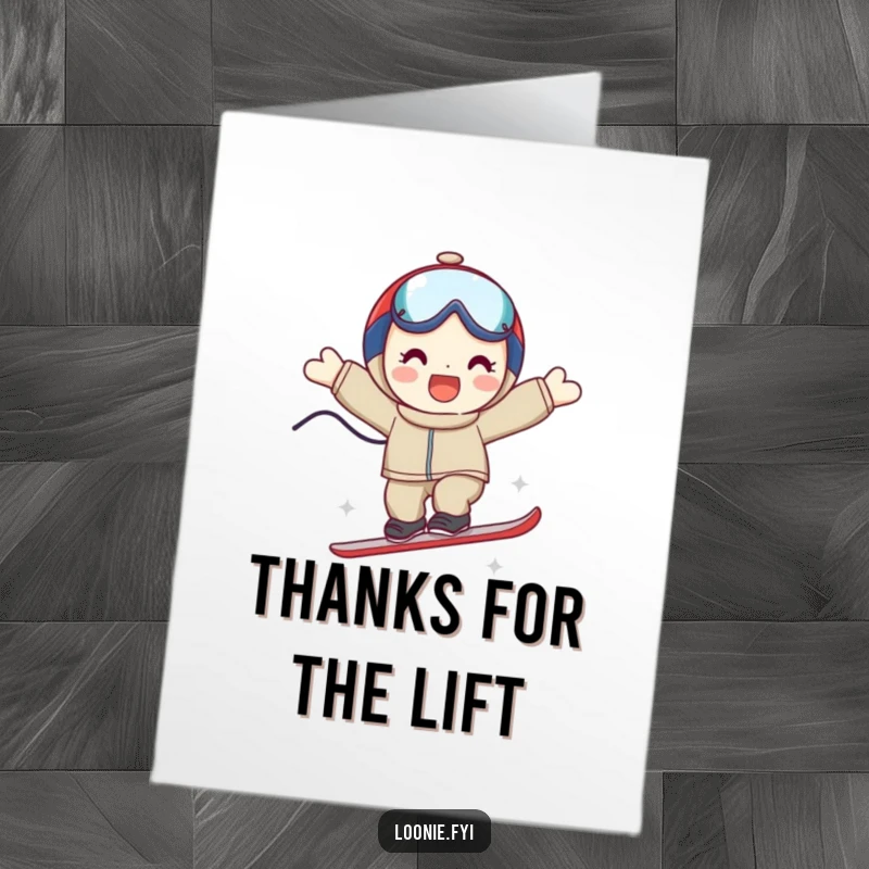 Funny Free Printable Thank You Card: Playful character smiles, completing a triumphant ski jump, a unique downloadable thank you.